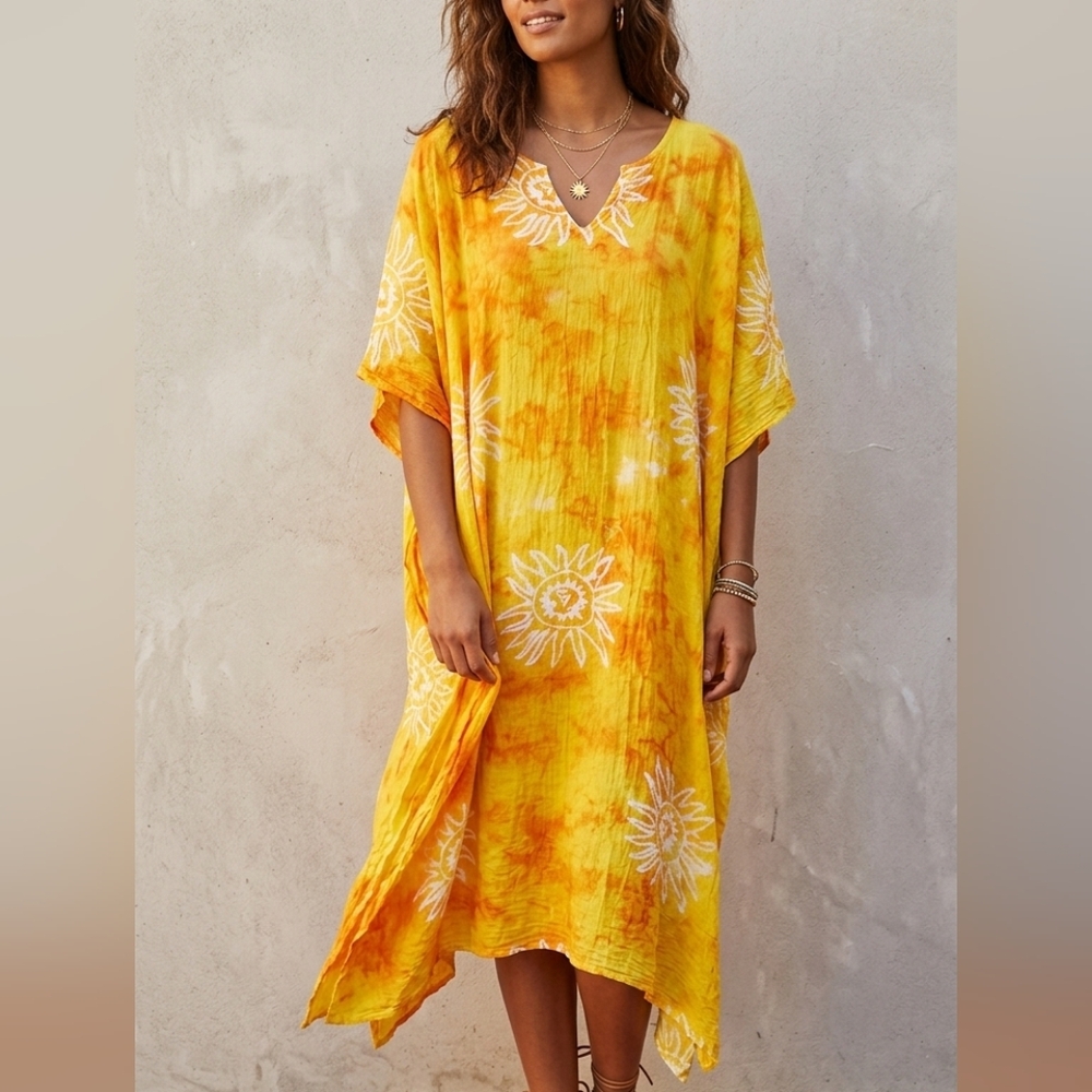 VTG Sita Sunburst Kaftan Dress | Boho Beach Coverup | Nepal Rayon OS